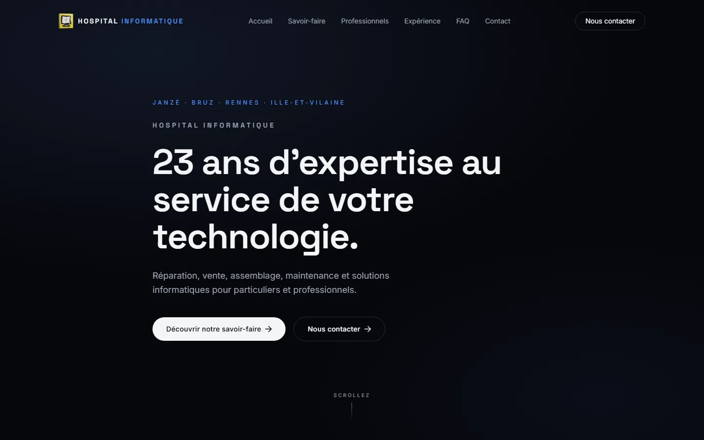 Page d’accueil du site Hospital Informatique réalisé par Braven : « 23 ans d’expertise au service de votre technologie »